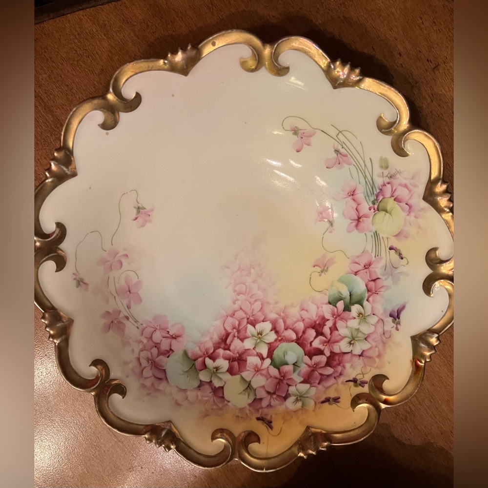 Antique china bowl hand painted with pink Flowers and gold trim